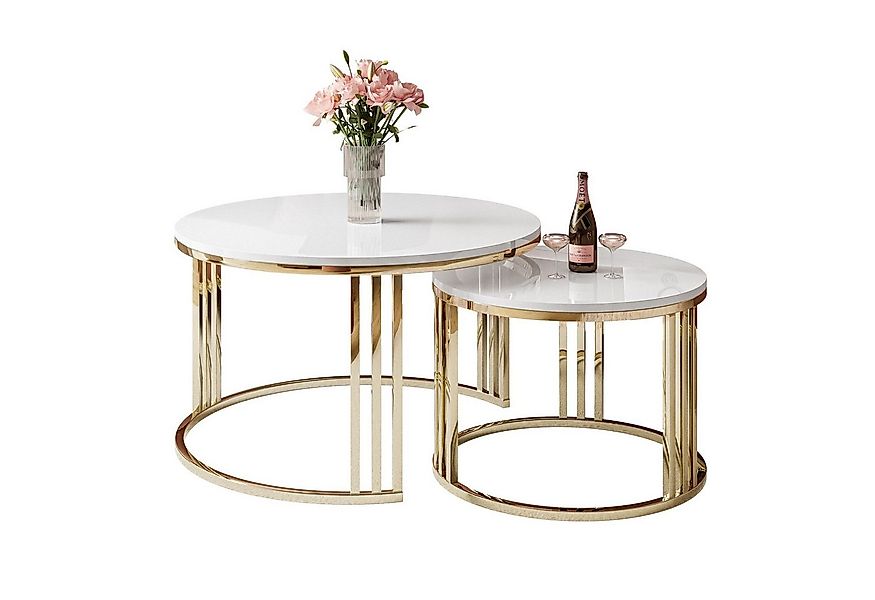 Lookway Couchtisch LORI 2in1 runder Couchtisch mit gold chrom Gestell (2er günstig online kaufen