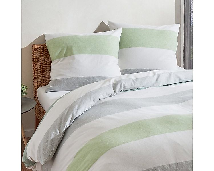 TRAUMSCHLAF Bettwäsche Melange Streifen grün, Biber, 3 teilig, Biberbettwäs günstig online kaufen