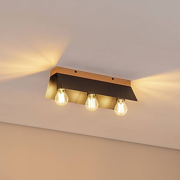 Deckenlampe Esme, schwarz, Länge 40 cm, Metall/Holz, 3-flg. günstig online kaufen