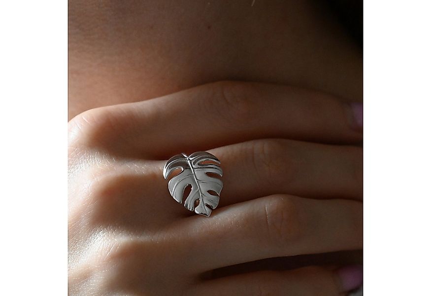 Runde Perlé Silberring Monstera Blatt verstellbarer Ring, handgefertigter R günstig online kaufen