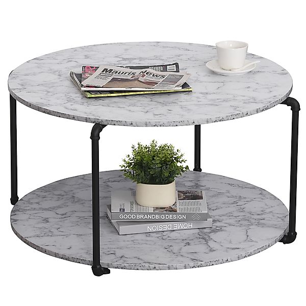 HOMCOM Couchtisch Rund mit Regal Ø 80 x 45H cm Spanplatten Marmorimitat Wei günstig online kaufen