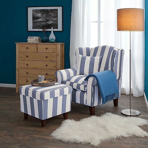 home24 Maison Belfort Sessel Colmar Blau Webstoff mit Hocker 78x95x78 cm (B günstig online kaufen