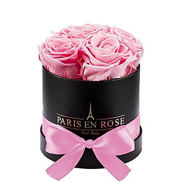 Rosenbox Ø 10 cm Schwarz mit Schleife und 4 Rosa Rosen günstig online kaufen