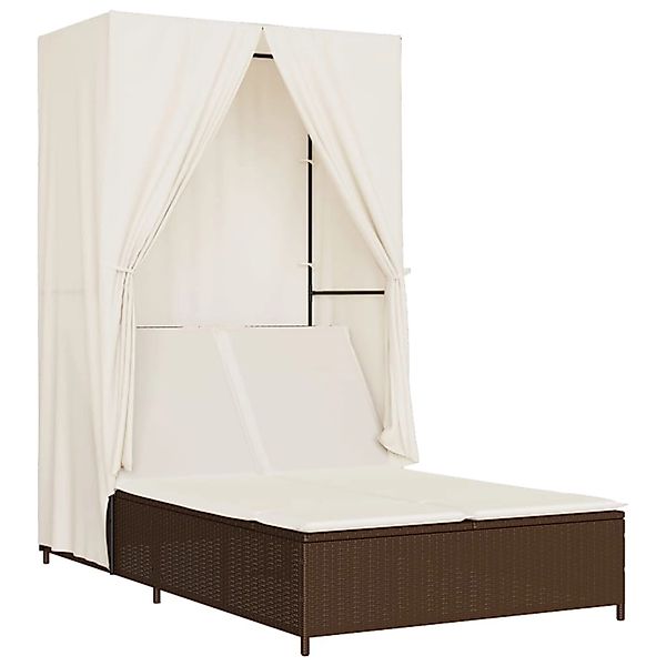 vidaXL Doppel-Sonnenliege mit Dach und Vorhängen Braun Poly Rattan 368100 günstig online kaufen