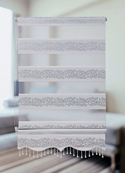 Doppelrollo Doppelrollo Klemmfix ohne Bohren weiß Silber Rankenmuster mit P günstig online kaufen
