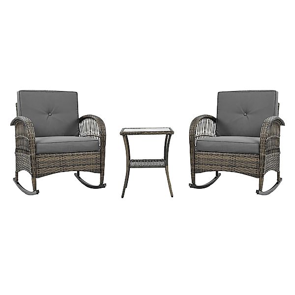 3-Teiliges Rattan Balkonset mit 2 Schaukelstühlen, Gehärtetem Glastisch, Sc günstig online kaufen