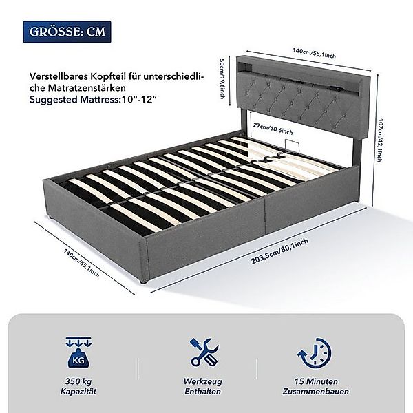 oyajia Polsterbett Doppelbett mit LED Licht 140x200cm,Hydraulisch anhebbare günstig online kaufen