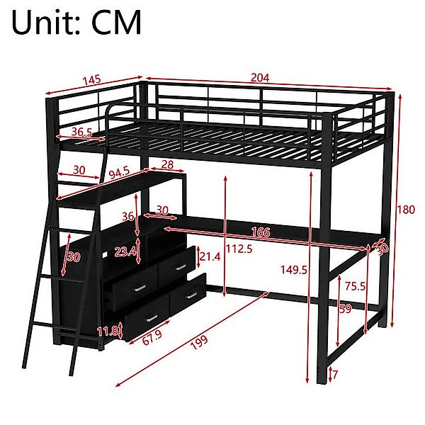 Flieks Hochbett Kinderbett Metallbett 140x200cm mit Schreibtisch und 4 Schu günstig online kaufen