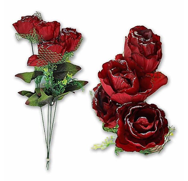 Kunstblume 4 Stück Rose Plastik dunkelrot mit Glitzer und Grünschmuck - ca. günstig online kaufen