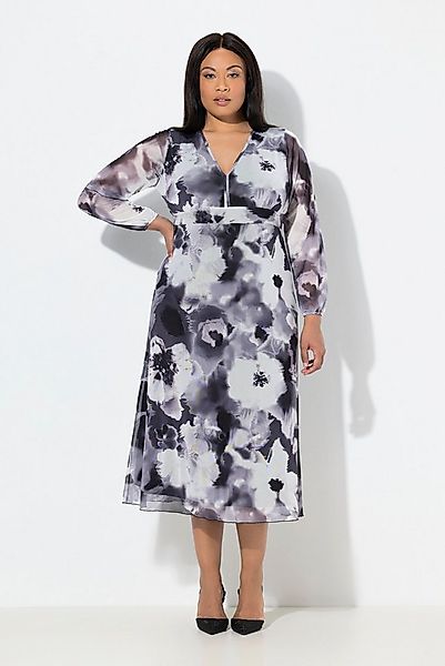 Ulla Popken Midikleid Mesh-Maxikleid Blüten A-Linie V-Ausschnitt Langarm günstig online kaufen