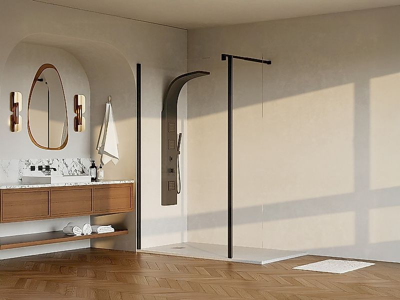 Duschtrennwand Seitenwand italienische Dusche mit Schwenktür - Mattschwarz günstig online kaufen