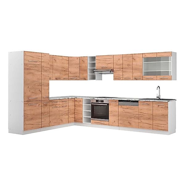 Vicco Fame-Line Eckküche Goldkraft Eiche/Weiß 347 x 257 cm AP Marmor ohne E günstig online kaufen