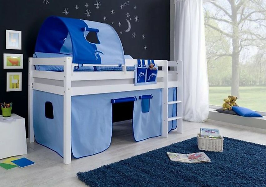 Natur24 Kinderbett Halbhohes Einzelbett Alex Buche massiv 90x200 cm Weiß la günstig online kaufen