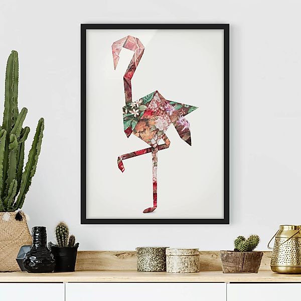 Bild mit Rahmen Tiere - Hochformat Origami Flamingo günstig online kaufen