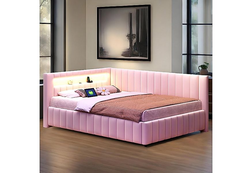 MODFU Polsterbett Kinderbett (140x200 cm mit LED-Lichtstreifen, USB-Ladeans günstig online kaufen