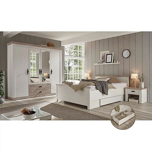 Schlafzimmer Komplett im Landhausstil FERNA-61 in Pinie weiß Nb. mit Absetz günstig online kaufen