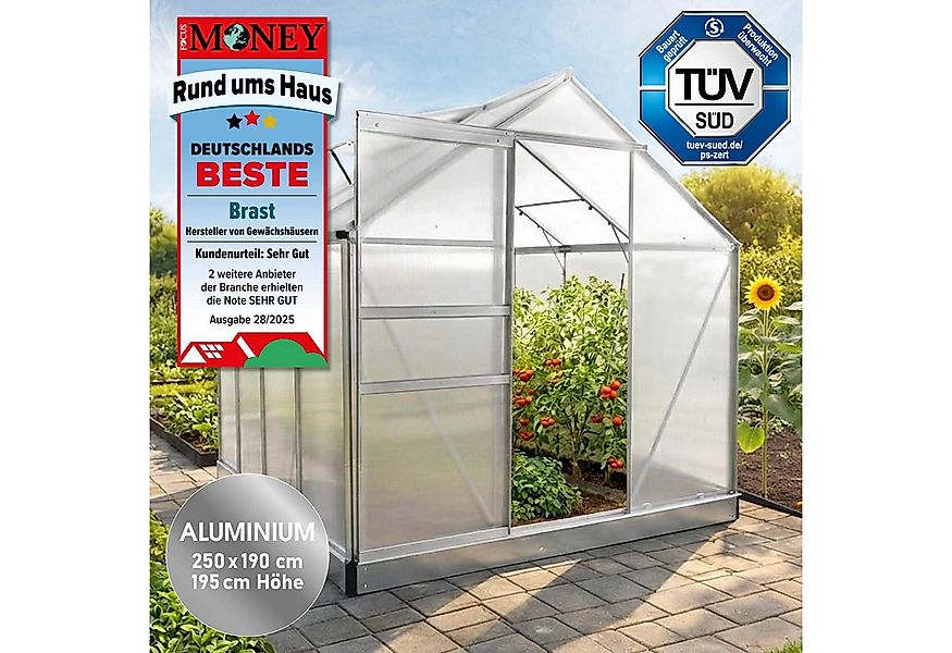 BRAST Gewächshaus ALU mit Fundament rostfrei 250x190x195cm TÜV geprüft, BxT günstig online kaufen