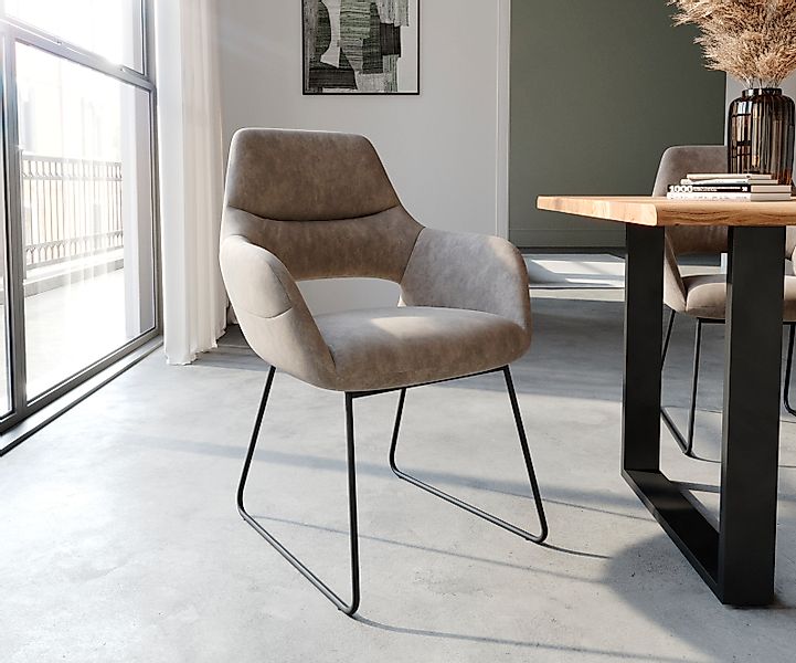 Esszimmerstuhl Yago-Flex mit Armlehnen Mikrofaser Taupe Vintage Kufengestel günstig online kaufen