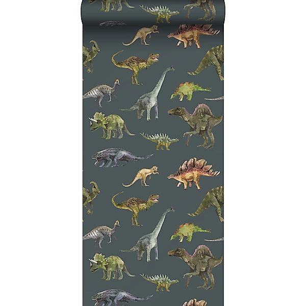 Sanders & Sanders Tapete Dinosaurier Dunkelblau und Grün 50 x 900 cm günstig online kaufen