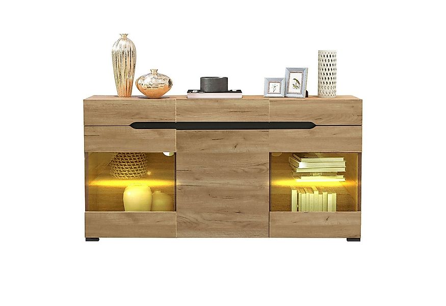 Merax Sideboard Wildeiche Farbe mit LED, Anrichte mit Glasablage, Kommde mi günstig online kaufen