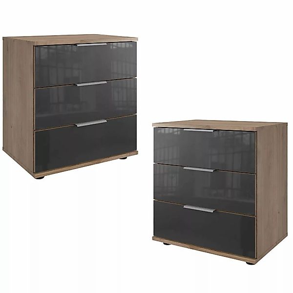 Nachtschrank 2er Set 58cm hoch, Eiche und graphit mit grauem Glas, STRATFOR günstig online kaufen