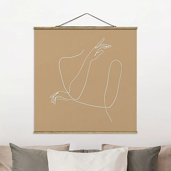 Stoffbild Abstrakt mit Posterleisten - Quadrat Line Art Hände Frau Beige günstig online kaufen