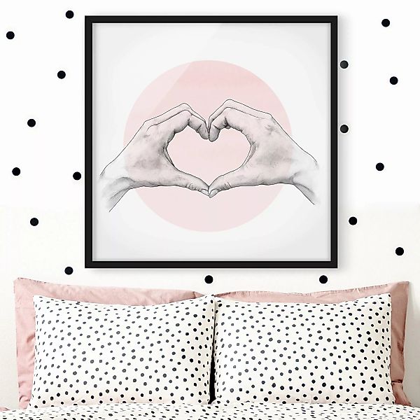 Bild mit Rahmen - Quadrat Illustration Herz Hände Kreis Rosa Weiß günstig online kaufen