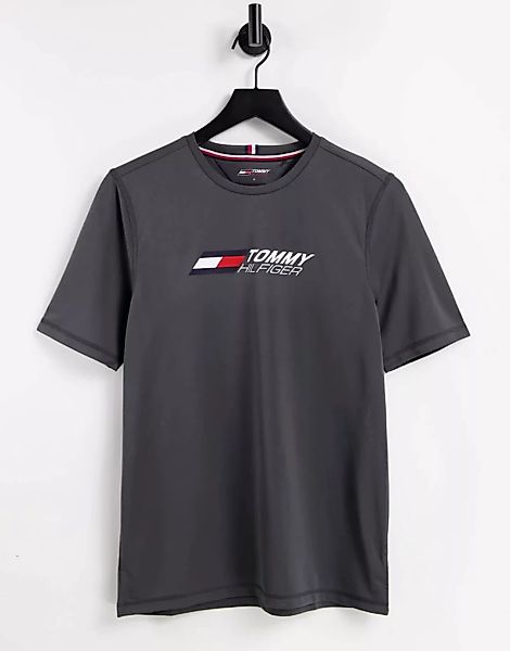 Tommy Hilfiger – Funktions-T-Shirt in Grau mit Logo auf der Brust günstig online kaufen