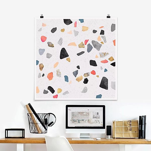 Poster - Quadrat Weißer Terrazzo mit Goldsteinchen günstig online kaufen