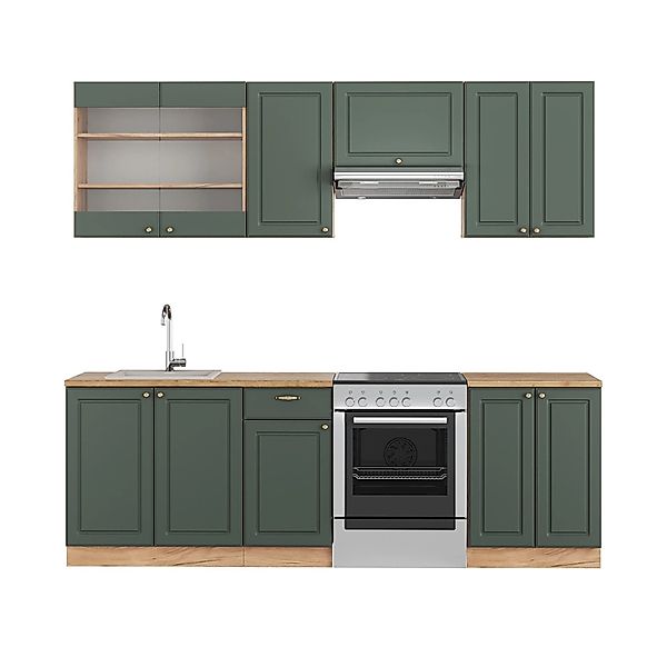 Vicco Fame-Line Küchenschränke Grün-Gold Landhaus/Goldkraft Eiche 240 cm AP günstig online kaufen