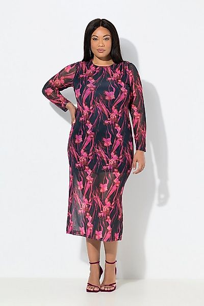 Ulla Popken Midikleid Mesh-Maxikleid Raffung Rundhals Langarm günstig online kaufen