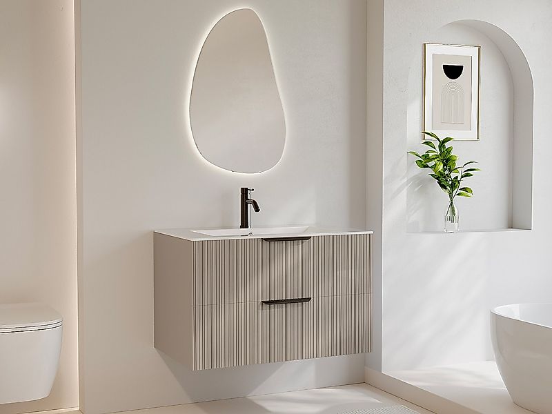 Hängeschrank mit Riffeloptik für Einbauwaschbecken + Armatur - Beige - 80 c günstig online kaufen