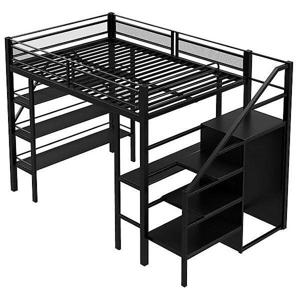 SOFTWEARY Hochbett mit Schreibtisch und Regal (140x200 cm) Metallbett mit L günstig online kaufen