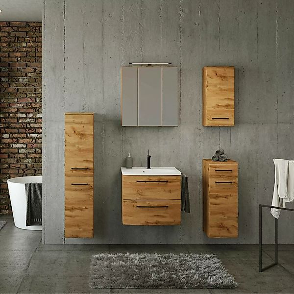 Badezimmer Möbel Set 60 cm Waschtisch in Wotan Eiche Nb. inkl. Waschbecken, günstig online kaufen