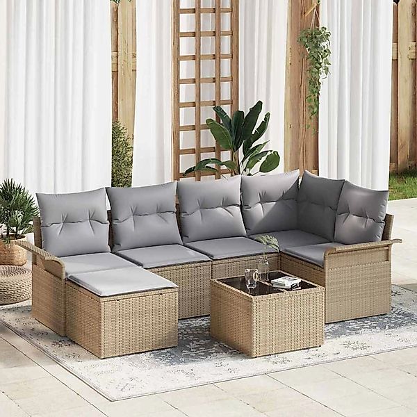 vidaXL Garten-Sofa-Set mit Kissen mit Speicher 7-Tlg Beige Poly Rattan 3354 günstig online kaufen