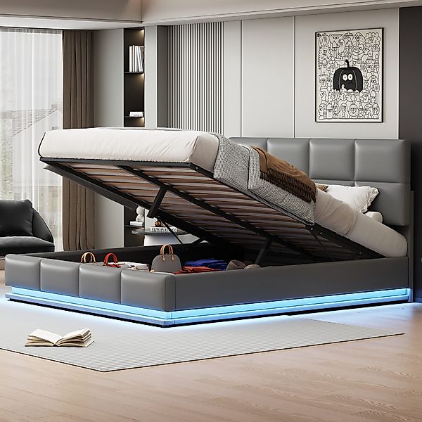 Flieks Polsterbett, LED hydraulisches Doppelbett Kunstleder günstig online kaufen