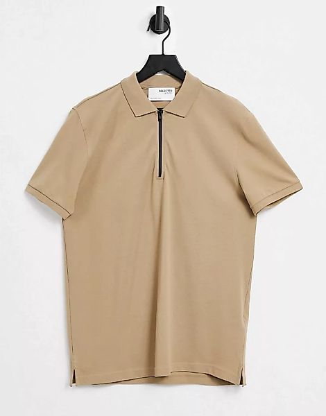 Selected Homme – Locker geschnittenes Polohemd in Beige mit schwarzem Reißv günstig online kaufen