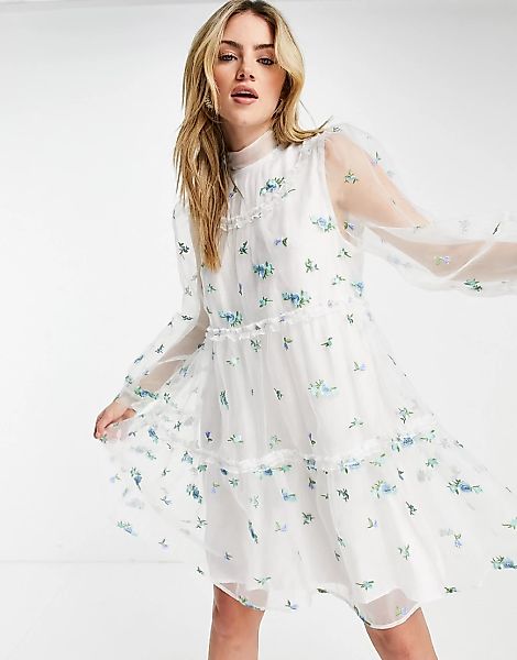 Sister Jane – Mini-Hängerkleid mit transparentem Overlay und Blumenstickere günstig online kaufen