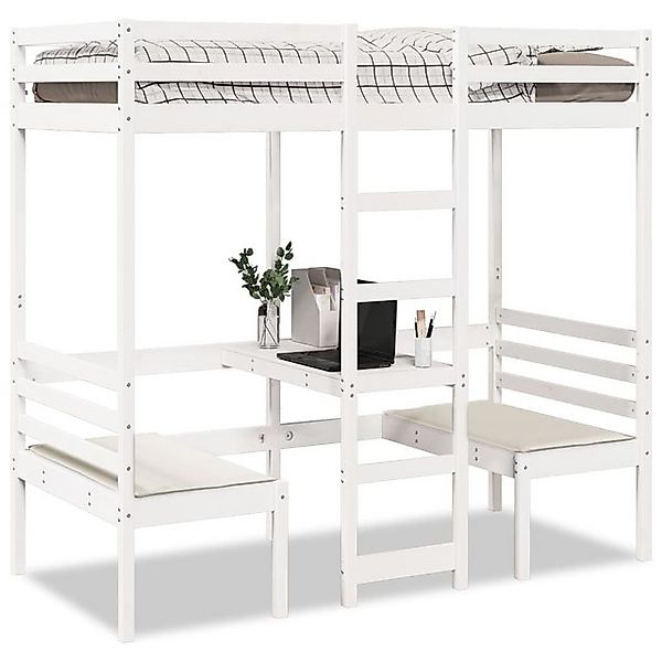 vidaXL Bett, Hochbett mit Schreibtisch & Stühlen Weiß 75x190 cm Kiefernholz günstig online kaufen