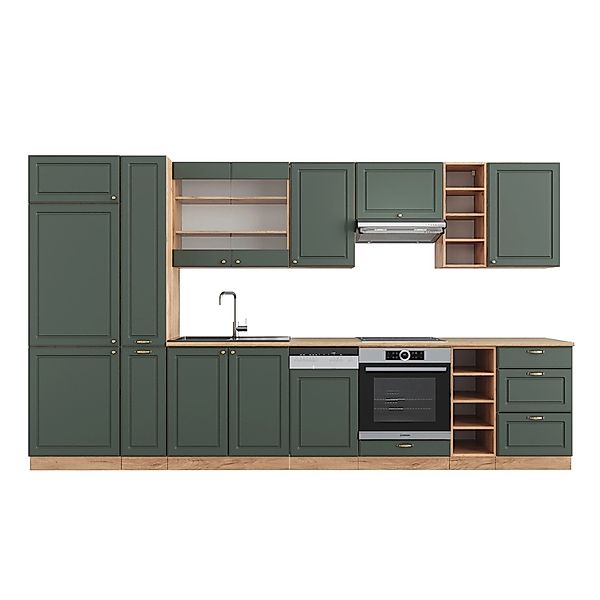 Vicco Fame-Line Küchenzeile Grün-Gold Landhaus/Goldkraft Eiche 355 cm AP Ei günstig online kaufen