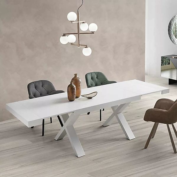 Ausziehbarer Küchen Tisch in Weiß Metall X Gestell günstig online kaufen