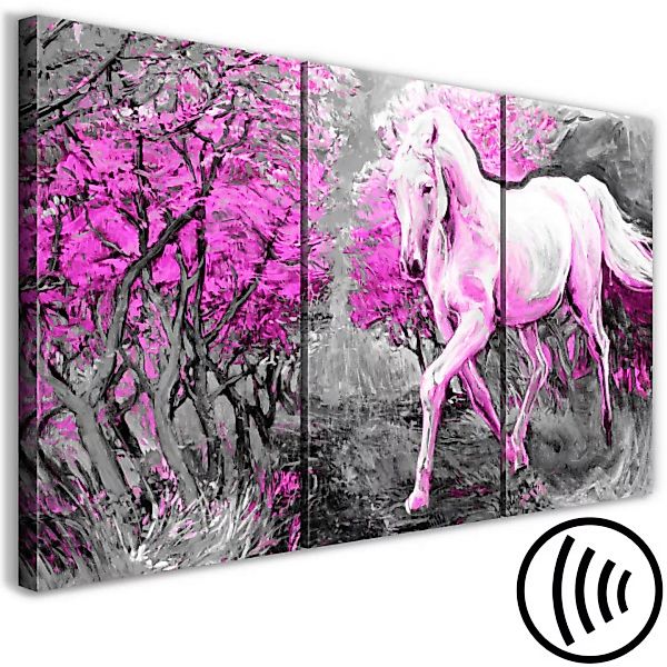 Wandbild Rosa Pferd in Galopp - Grafik mit laufendem Pferd zwischen den Bäu günstig online kaufen