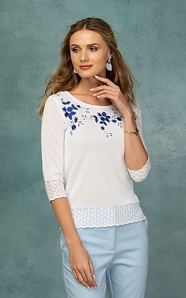 Passioni Strickpullover mit blauer Blumenstickerei und günstig online kaufen