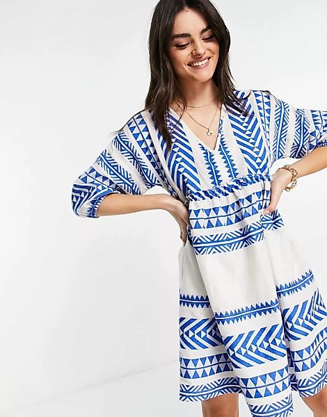Accessorize – Mini-Hängerkleid für den Strand mit Muster in Weiß und Blau-M günstig online kaufen