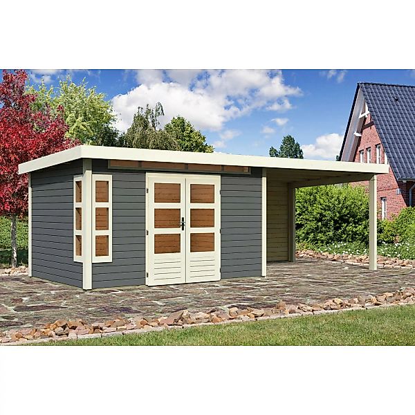 Karibu Holz-Gartenhaus Kastberg Terragrau Flachdach Lackiert 360 cm x 240 c günstig online kaufen