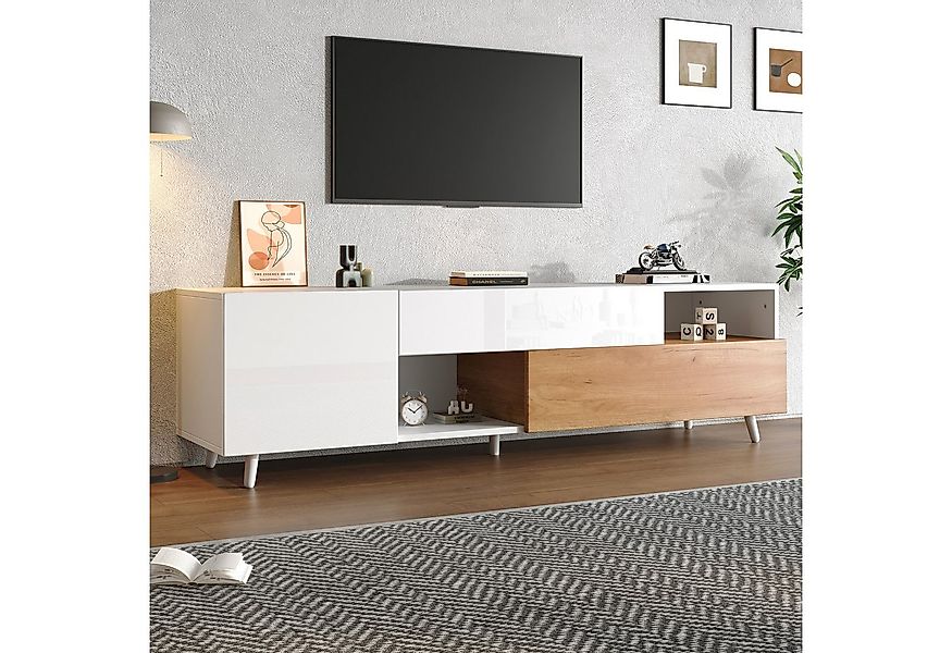 Merax Lowboard mit Hochglanzfront, Fernsehschrank in Weiß & Holzoptik (TV-S günstig online kaufen