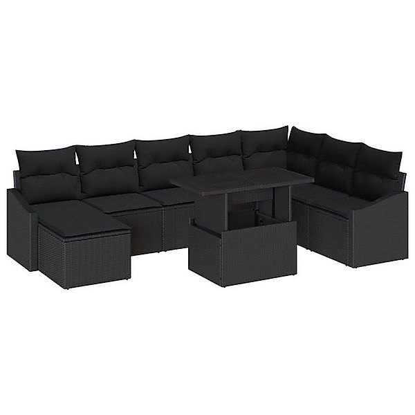 vidaXL Loungesofa 9-tlg. Garten-Sofagarnitur mit Kissen Schwarz Poly Rattan günstig online kaufen