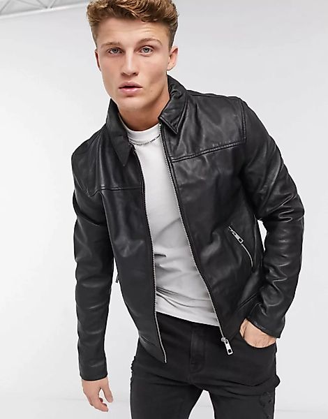 ASOS DESIGN – Harrington-Jacke aus Leder in Schwarz günstig online kaufen