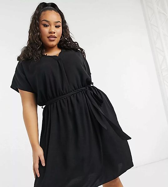 New Look Curve – Schwarzes Kleid mit Gürtel günstig online kaufen