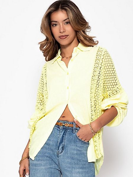 SASSYCLASSY Langarmbluse Leinen Bluse Damen mit Spitzeneinsätzen Oversize B günstig online kaufen